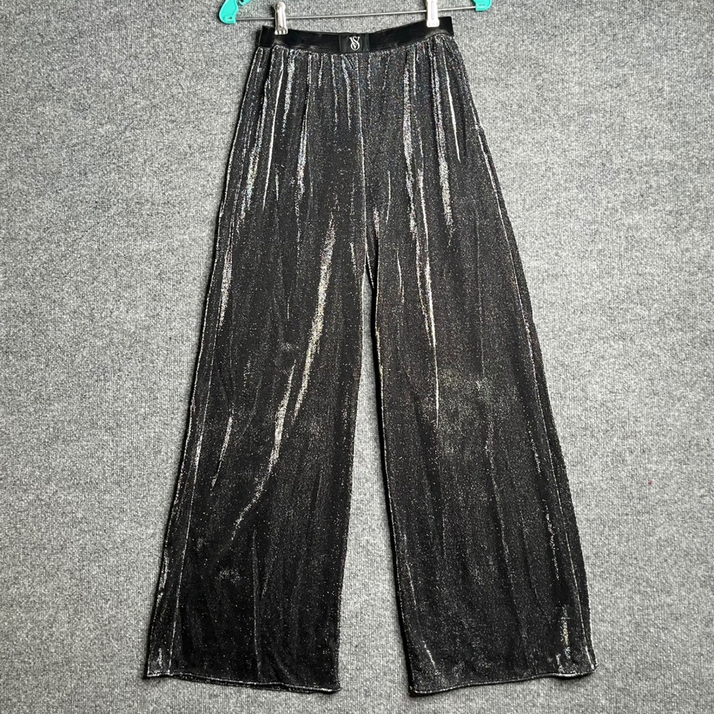 Victorias Secret Metallic Wide Leg Lounge Pants Black Silver Glitter XS Shimmer